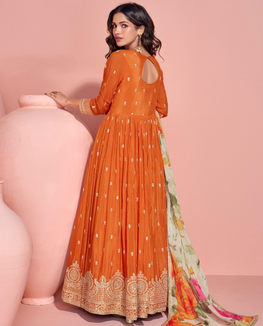 5793 - ORANGE DESIGNER EMBROIDERED PREMIUM CHINON SILK ANARKALI GOWN